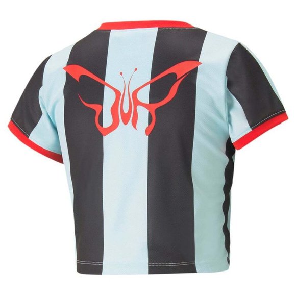 Puma x Dua Lipa Striped Cropped Jersey Shirt Blue Tops Womens 536637-89 NEW - Picture 9 of 10